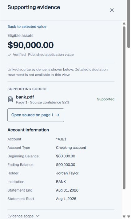 Native Velocity evidence panel showing the fictional Jordan Taylor account, bank.pdf page 1, beginning and ending balances, statement period and the calculation-view limitation.