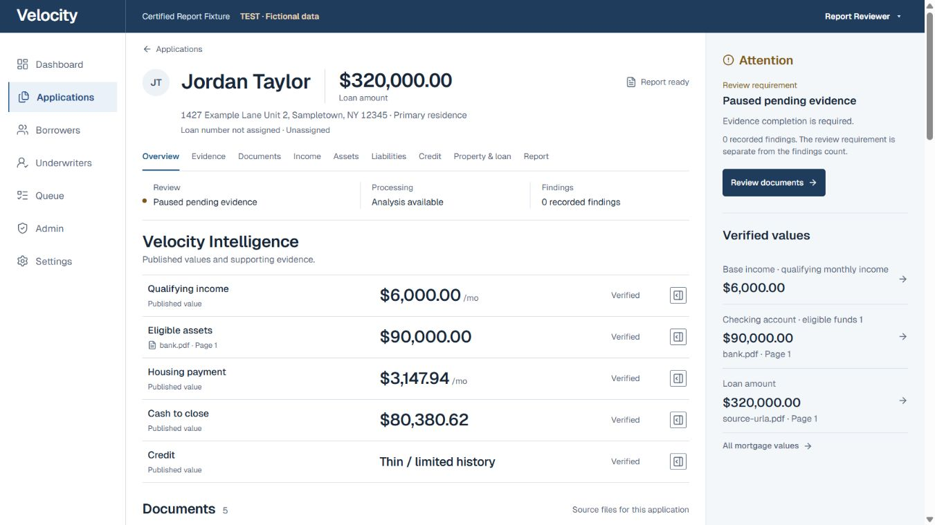 Actual fictional Velocity loan workspace for Jordan Taylor with published values and outstanding evidence requirements.